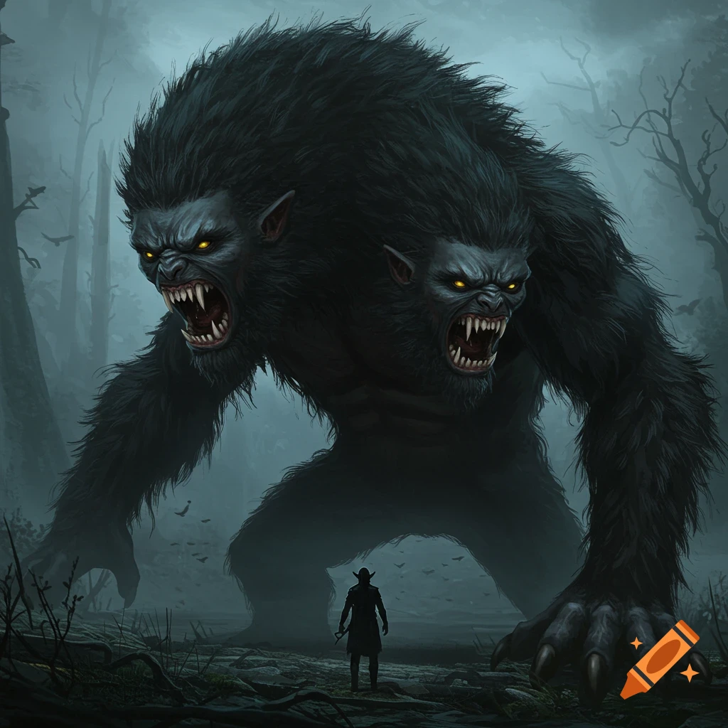 A giant, two-headed dark beast stands over a small figure in a misty forest.