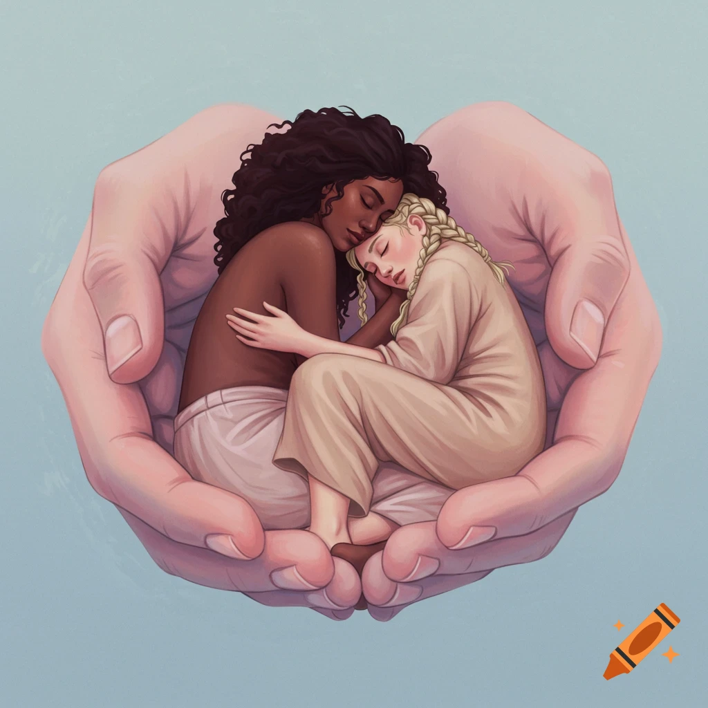 Two women sleeping nestled in cupped hands, illustration