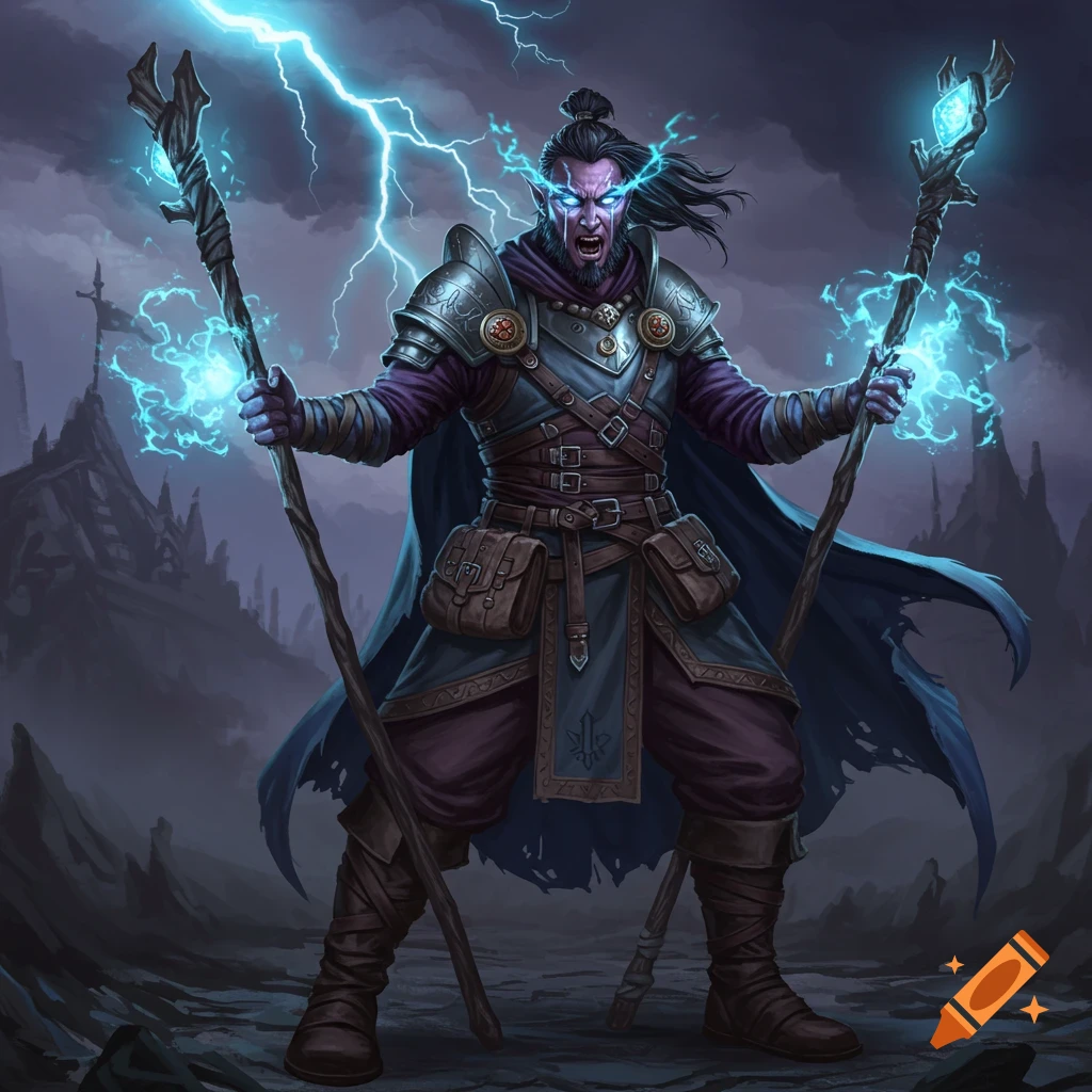A dark fantasy sorcerer casts lightning spells with staffs in a stormy landscape.