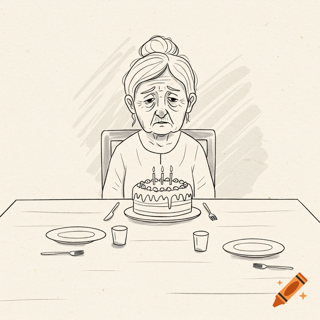 Line drawing of a sad old woman sitting alone at a table with a birthday cake.