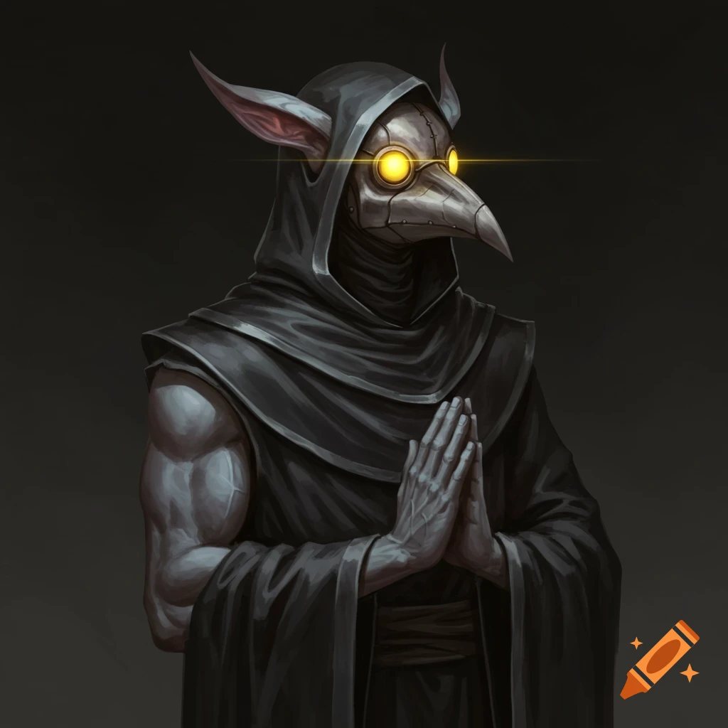 Fantasy art of a figure in a plague doctor mask, dark robe, and animal ears, with glowing eyes and clasped hands.