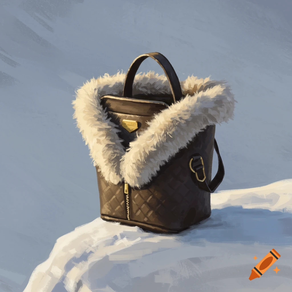 A fur-trimmed brown quilted bag sits on snow.