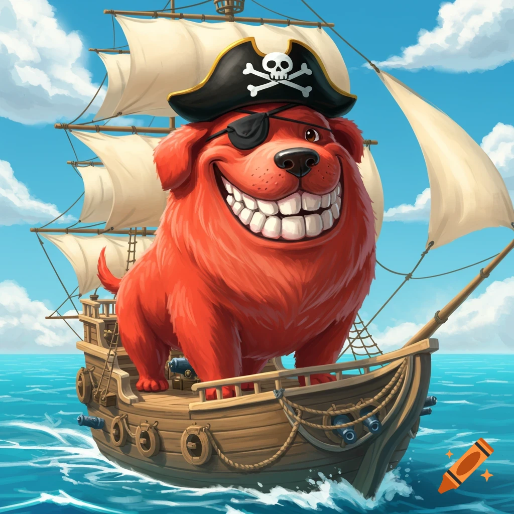 A cartoon red dog with a pirate hat and eyepatch stands on a sailing ship.