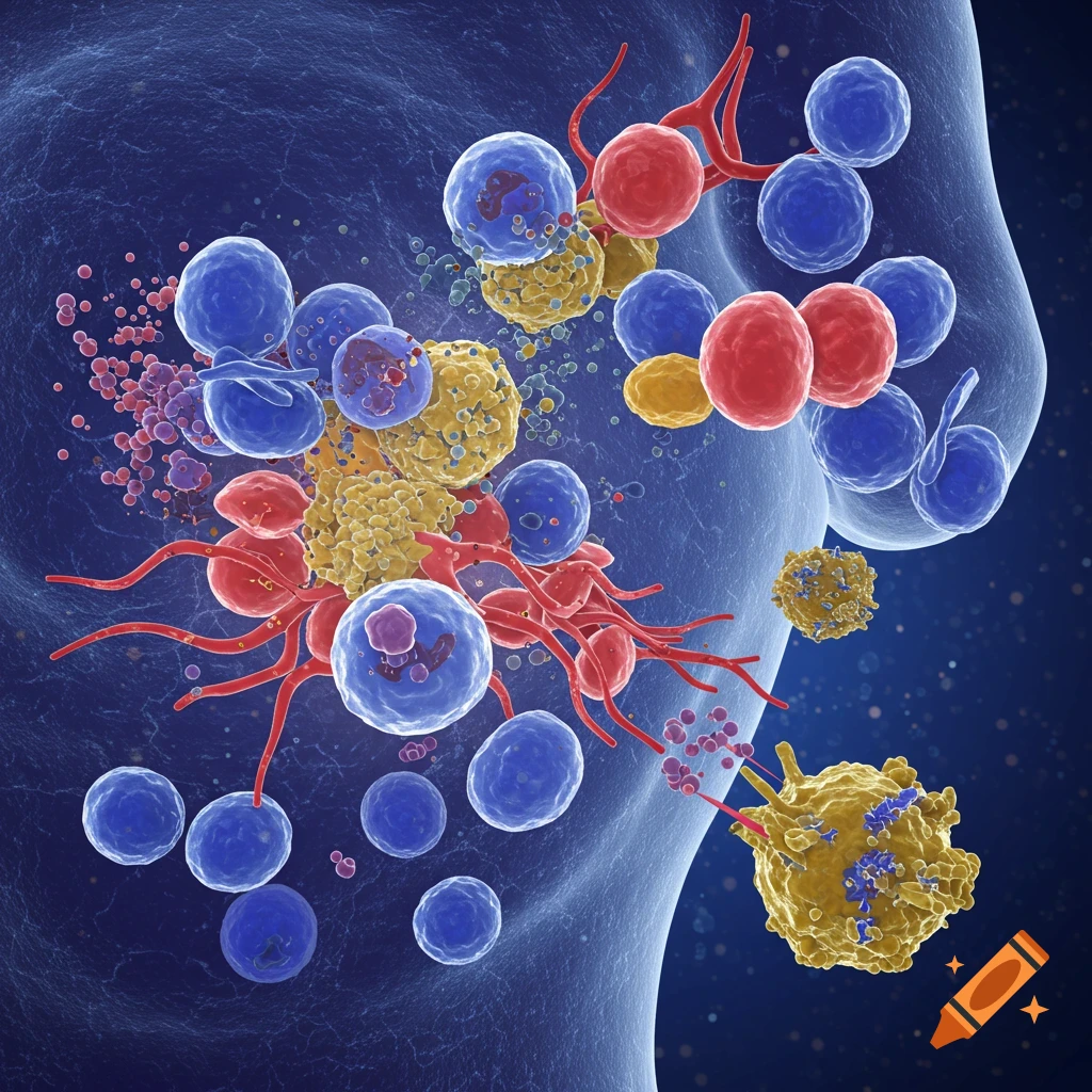 3D rendering of various immune cells fighting off a pathogen.