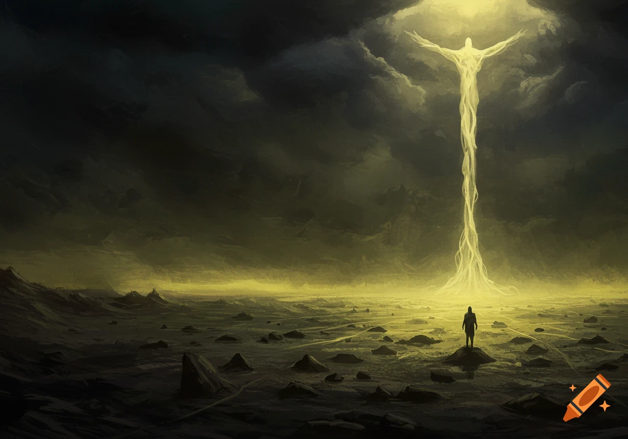 A lone figure looks up at a towering luminous figure in a dark, desolate landscape.