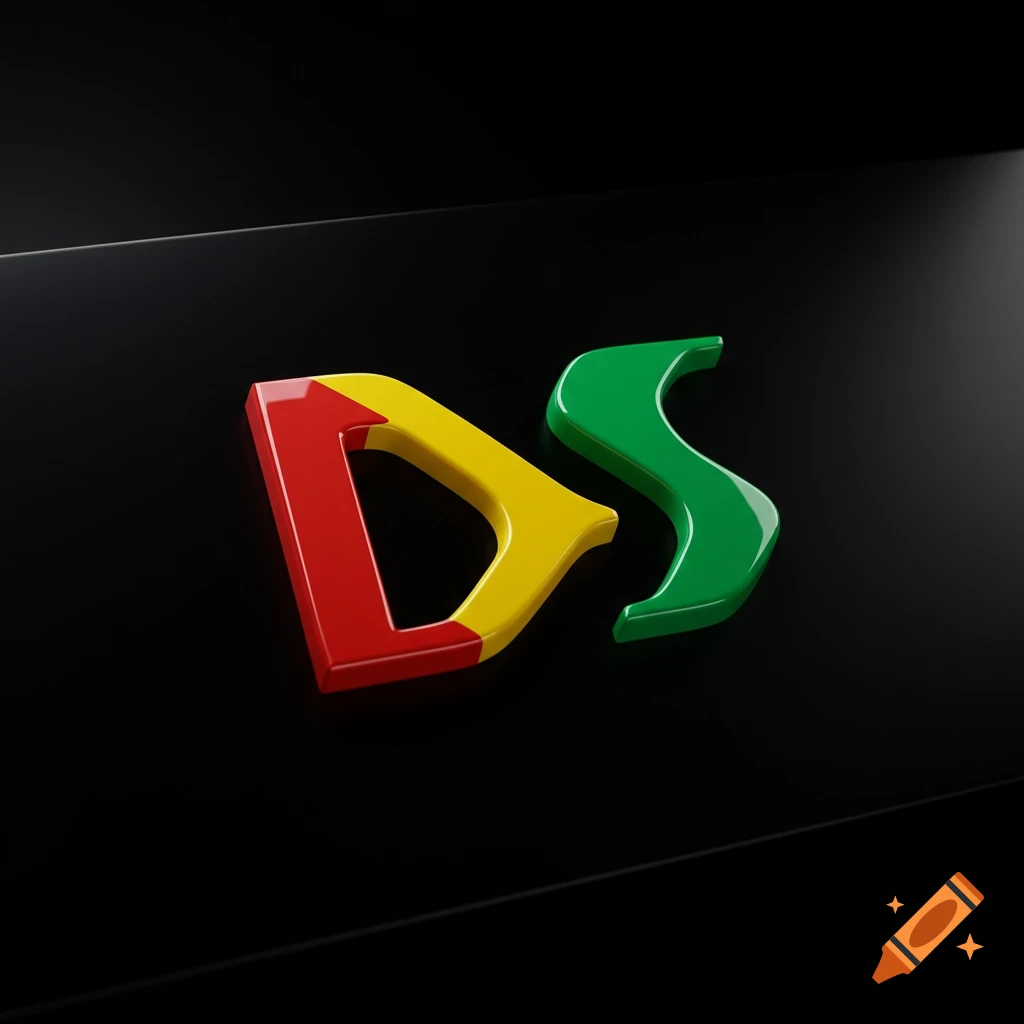 3D rendering of the letters DS in red, yellow, and green on a dark background.