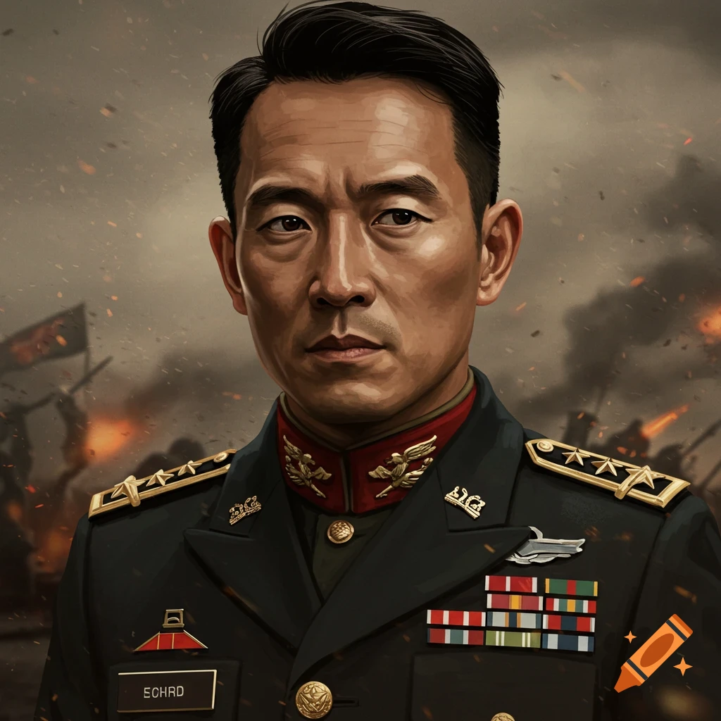 Painting of an army captain in uniform against a battle background