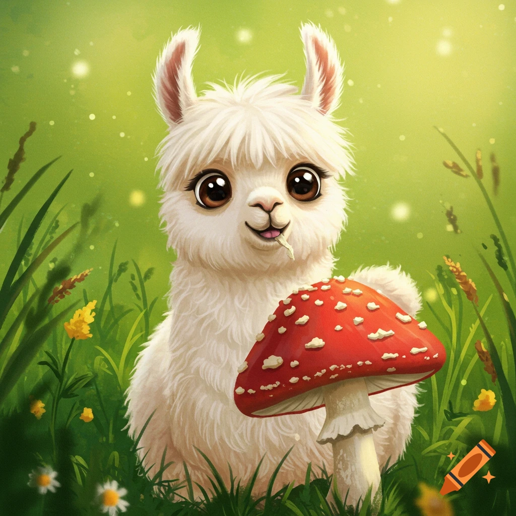 Cute cartoon llama standing next to a large red mushroom in a grassy field.