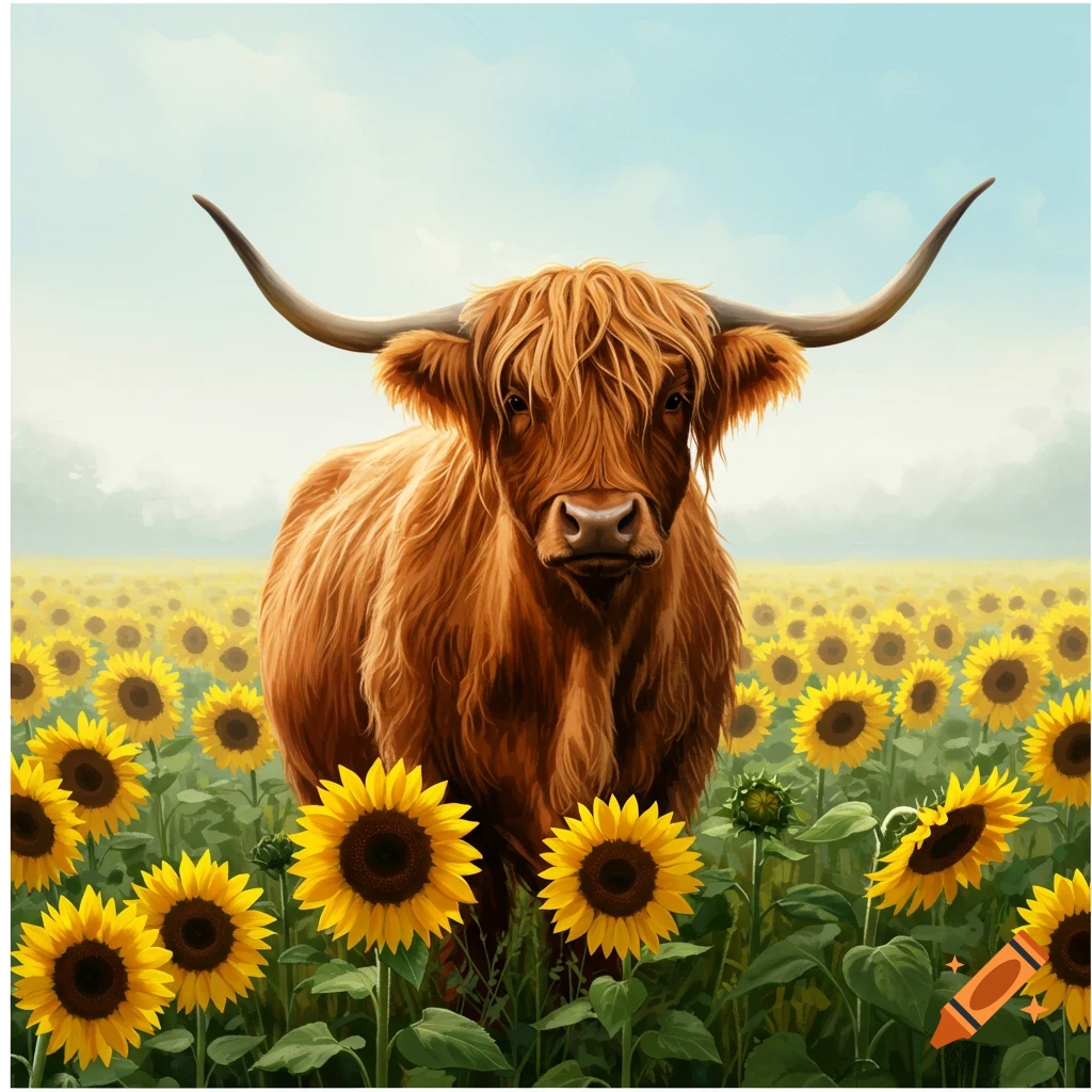 A Highland cow in a field of sunflowers.