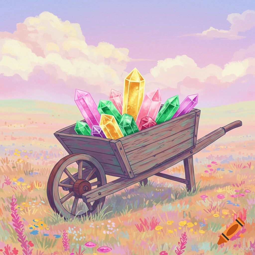 A stylized illustration of a wheelbarrow filled with colorful crystals in a grassy field under a cloudy sky.