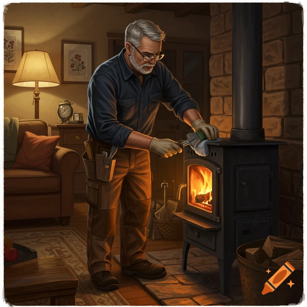 Illustrative image of a man cleaning a lit wood stove indoors.