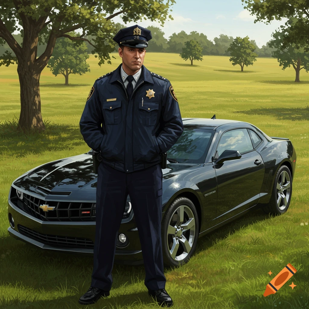 A police officer stands next to a black Camaro in a grassy field. Stylized illustration.