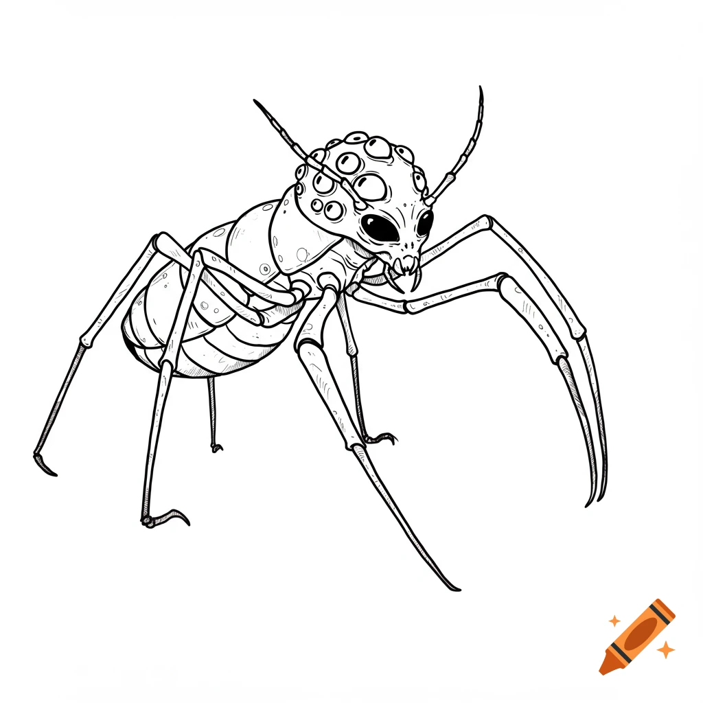 Line drawing of an alien insect creature with many eyes and long legs.