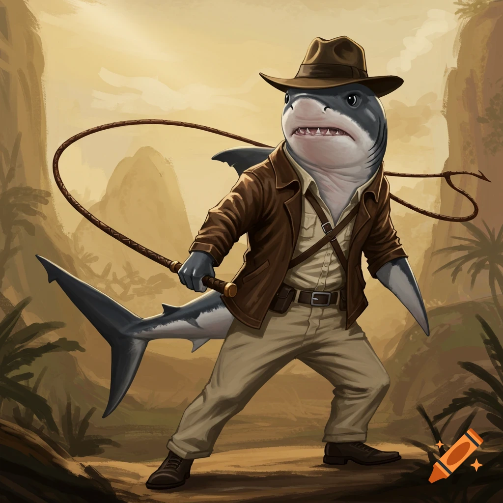 A shark dressed as Indiana Jones stands in a jungle holding a whip.