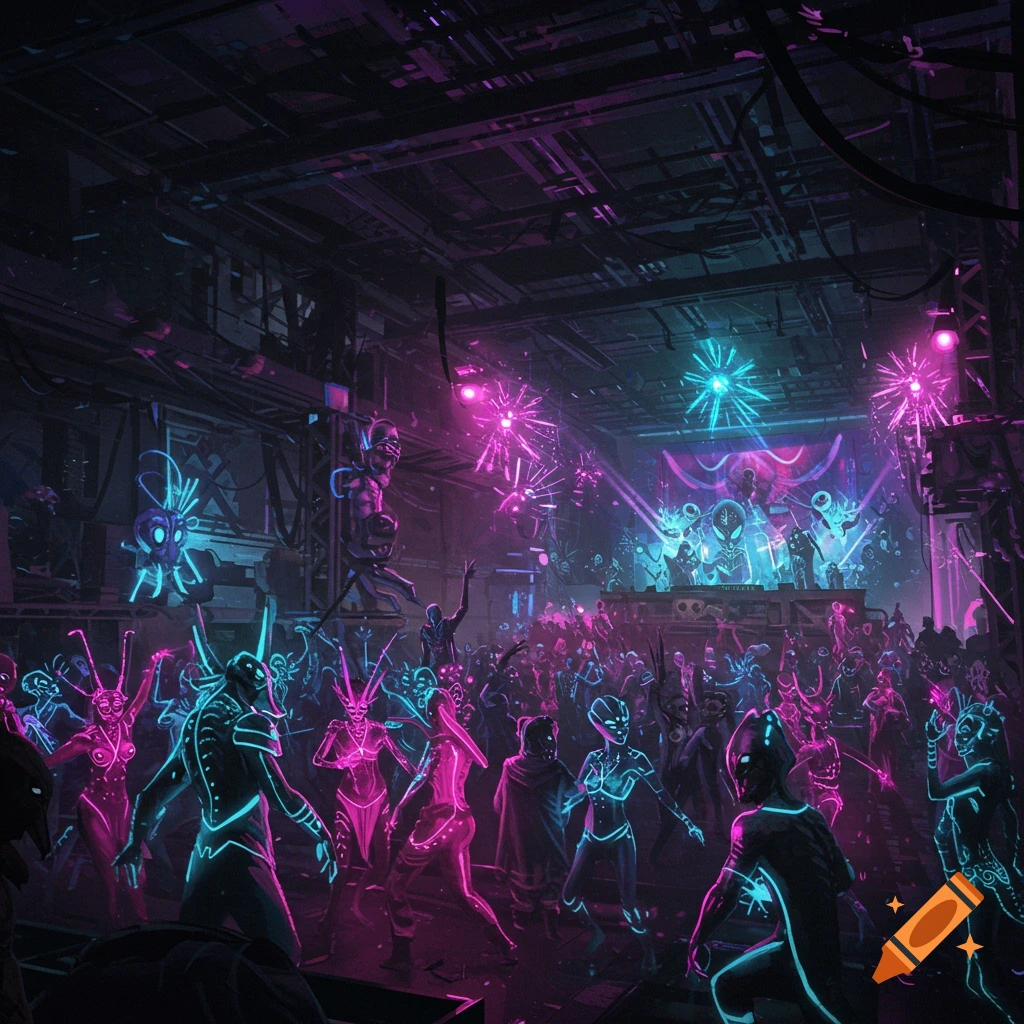 chaotic alien dance party on a dark construction ship