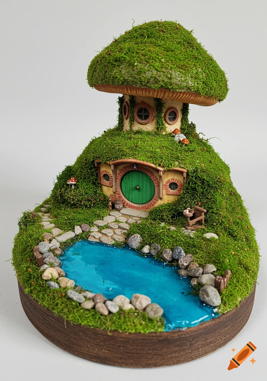 Detailed miniature diorama of a mossy hobbit hole with a mushroom roof, stone path, and blue pond.