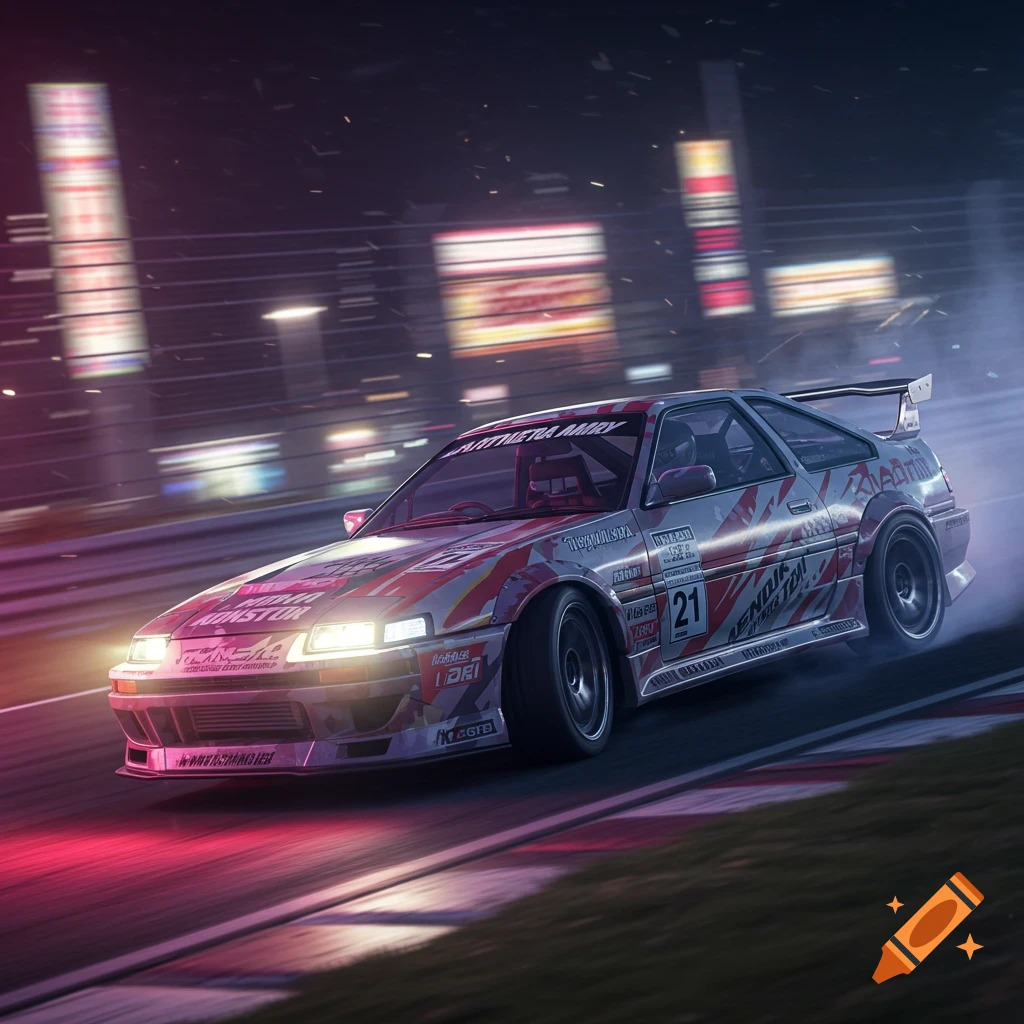 A race car drifts on a track at night with city lights in the background.