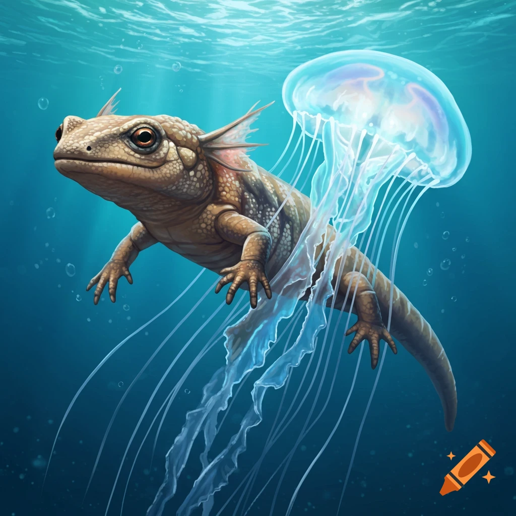 A hybrid creature that is part salamander and part jellyfish swims underwater with translucent tentacles.