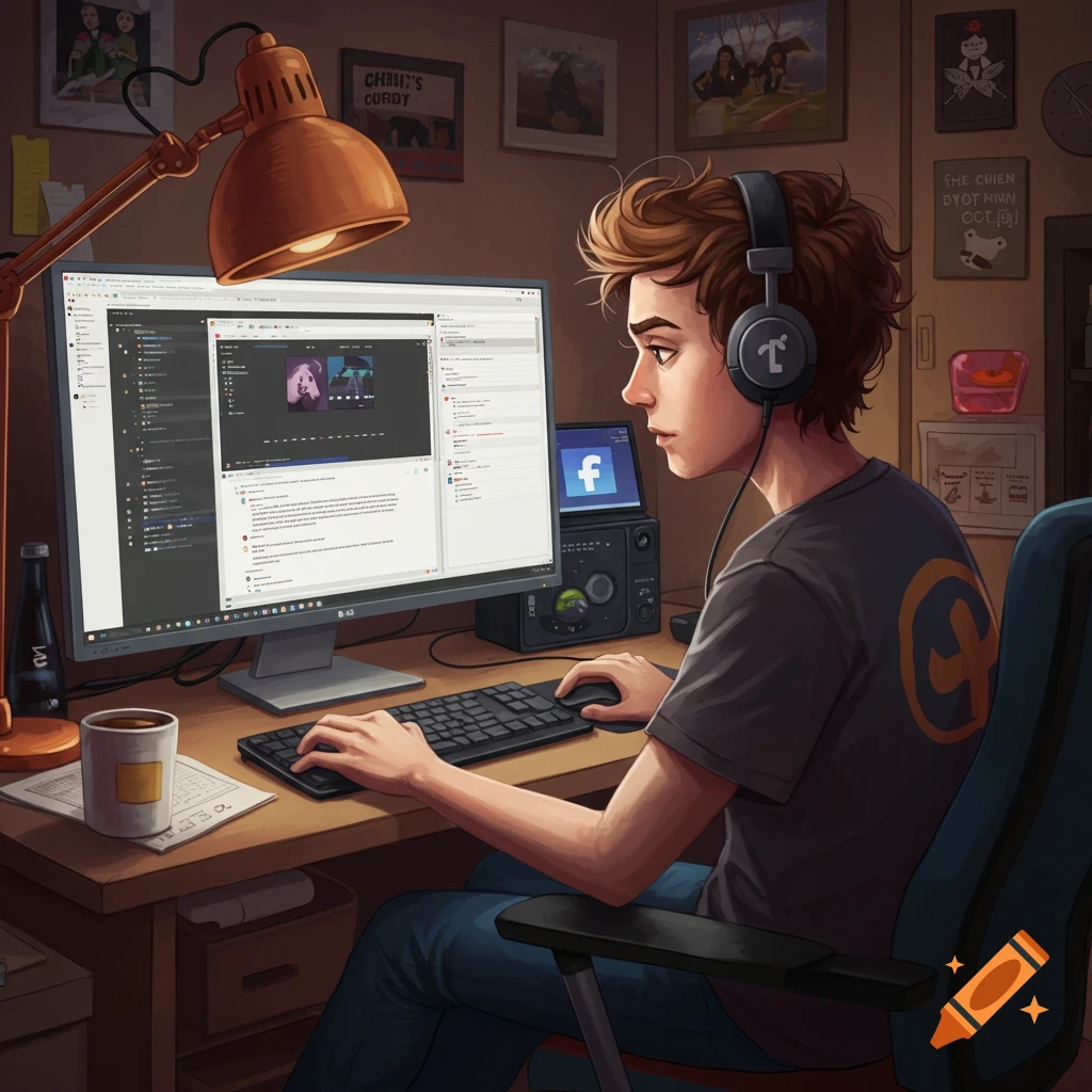 Illustration of a young person with headphones sitting at a desk using a computer, typing on the keyboard.
