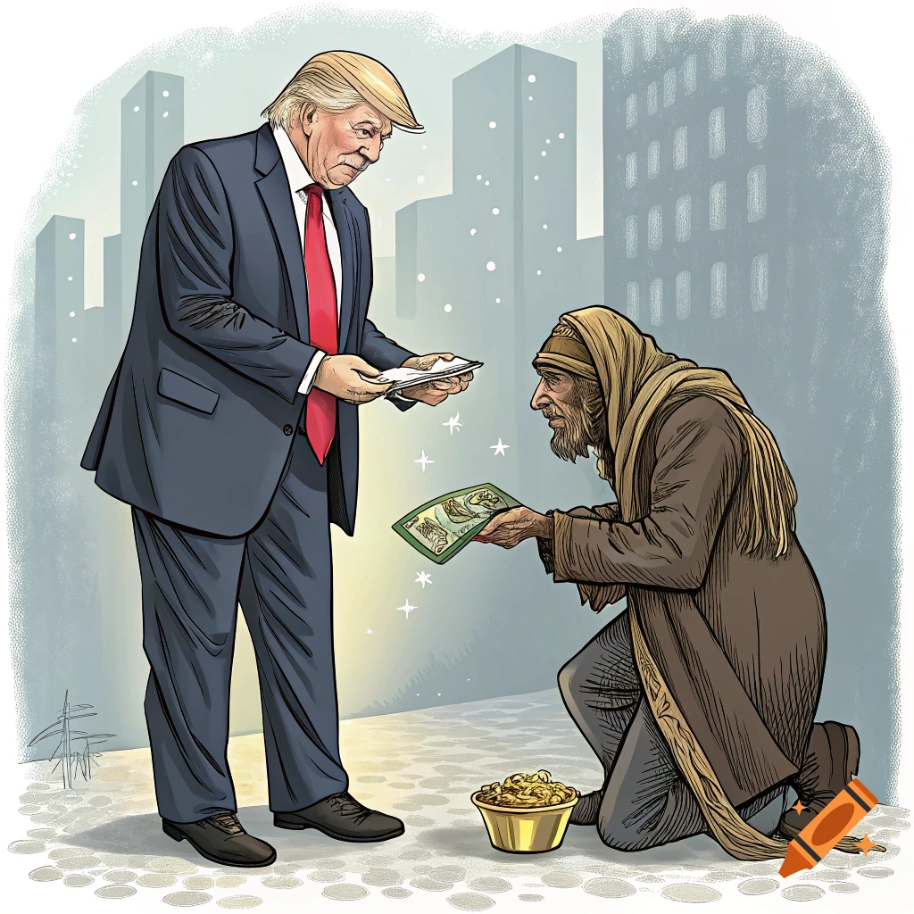 Cartoon illustration shows Donald Trump handing papers or money to a kneeling figure on a city street.