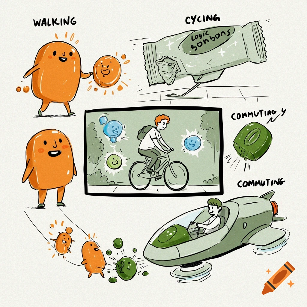 Cartoon illustration showing modes of transport (walking, cycling, commuting) linked to Logic Bonbons and small characters.