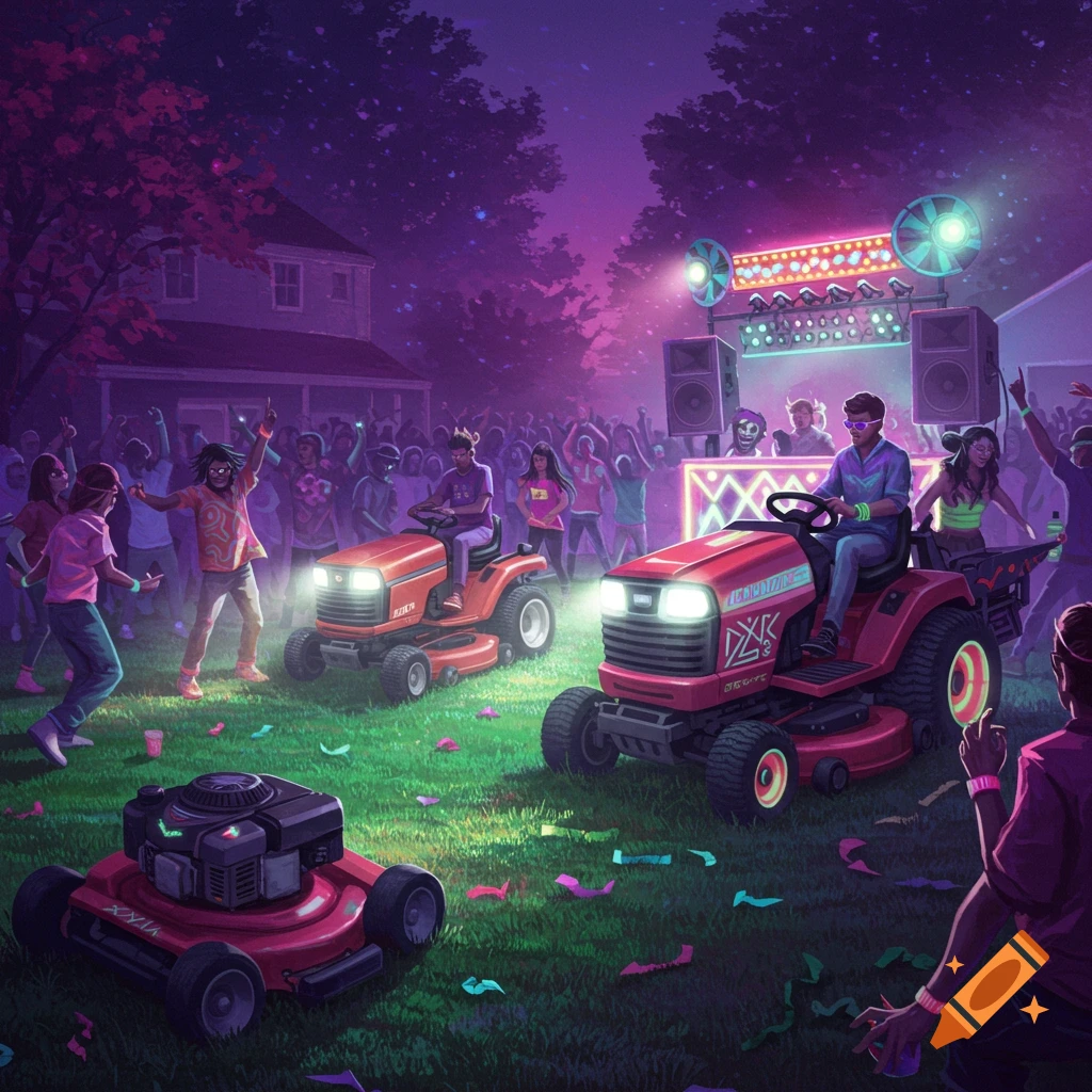 Illustrated backyard rave at night with dancing people, a DJ booth, and people riding and standing near lawnmowers.