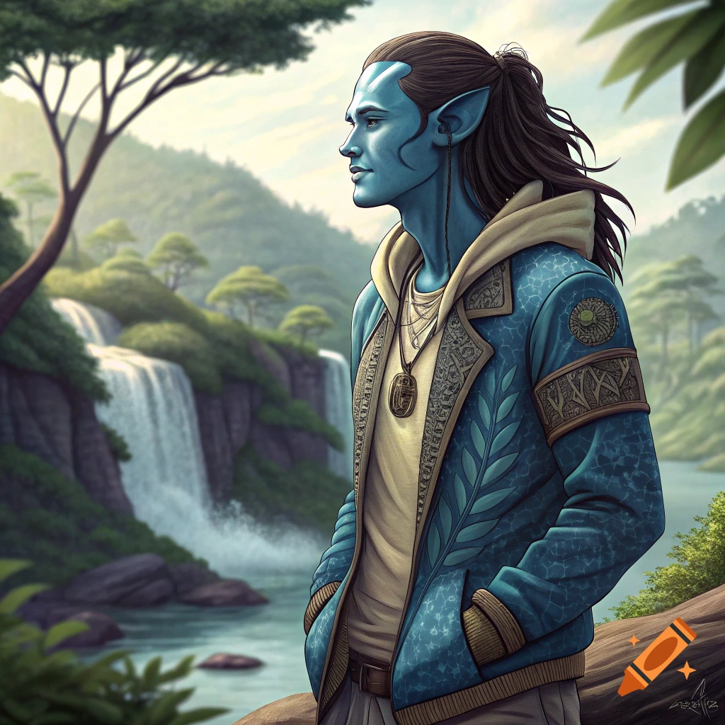 Illustration of a blue-skinned fantasy character in a patterned jacket standing by a waterfall.