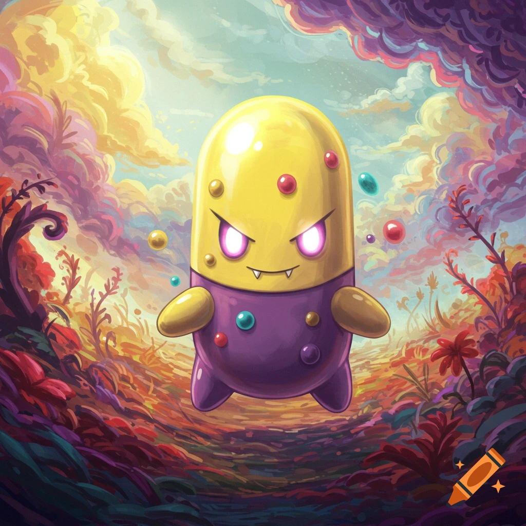 A yellow and purple creature resembling a pokemon stands in a vibrant, colorful fantasy landscape.