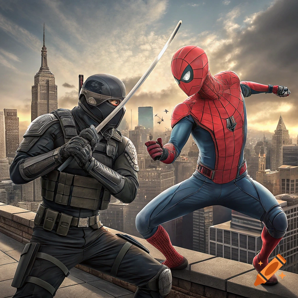 Spider-Man fights Snake-Eyes on a rooftop overlooking a city at sunset.