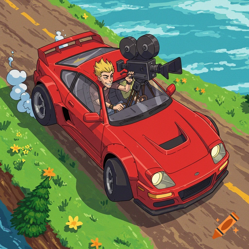 Aerial view of a cartoon red car on a road with a person filming from the roof.