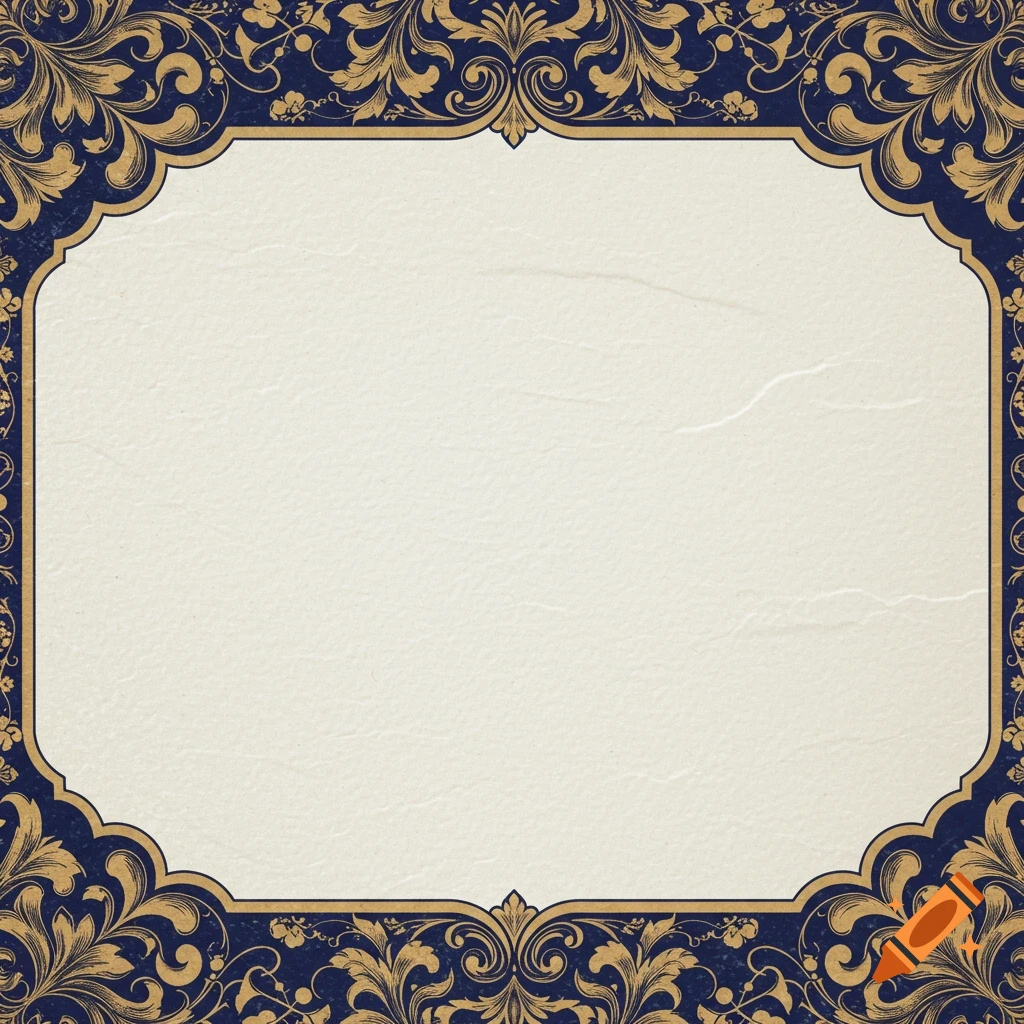 A cream background with an ornate blue and gold Victorian floral border pattern.