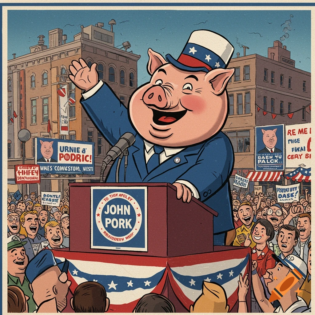 Cartoon illustration of a pig politician in a suit and top hat giving a speech at a rally.