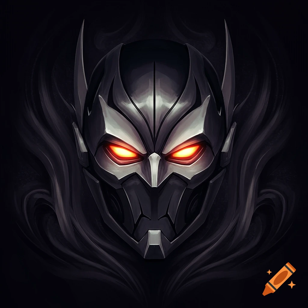A dark, metallic mask with glowing red eyes against a smoky background.
