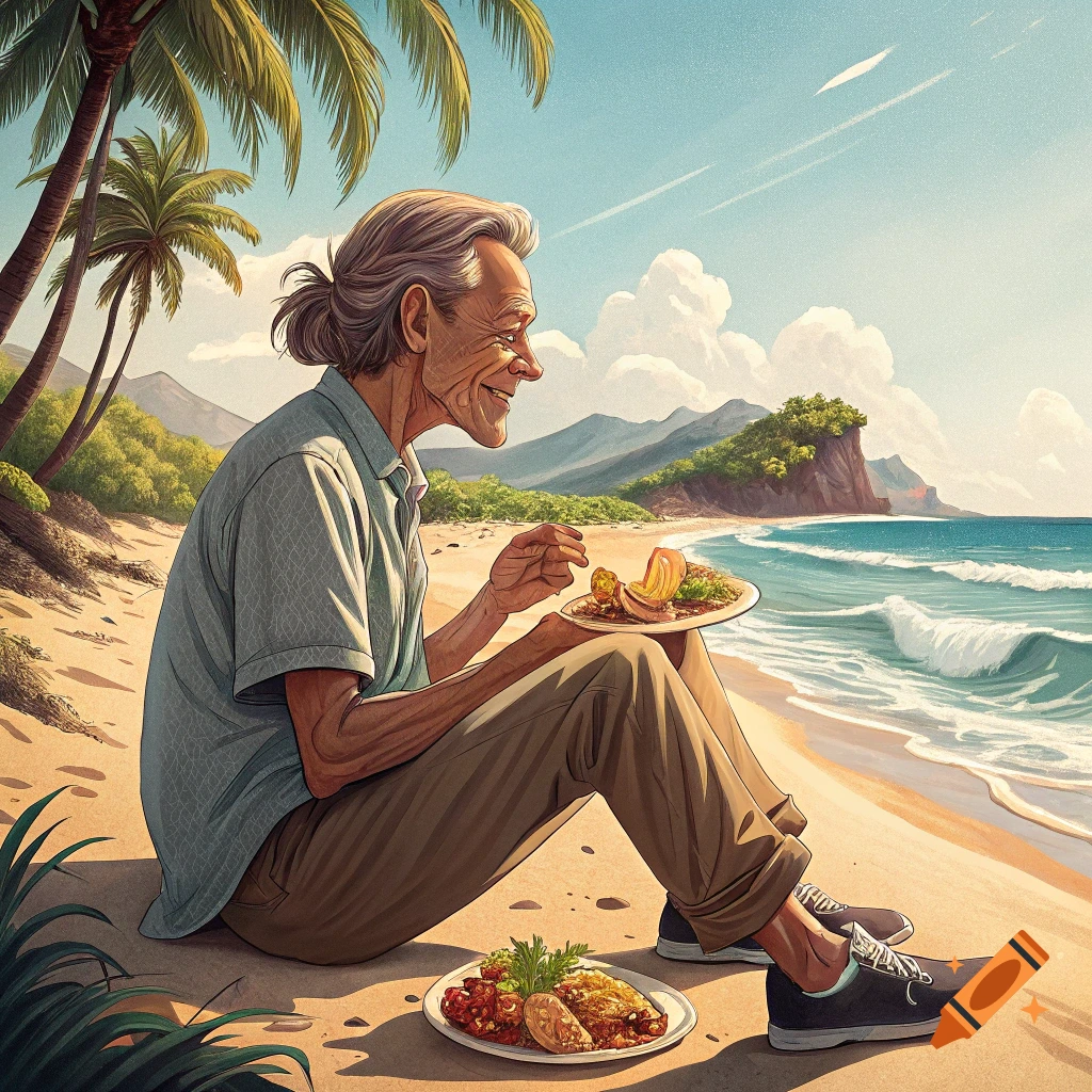 An elderly person sits on a tropical beach, eating food from a plate.