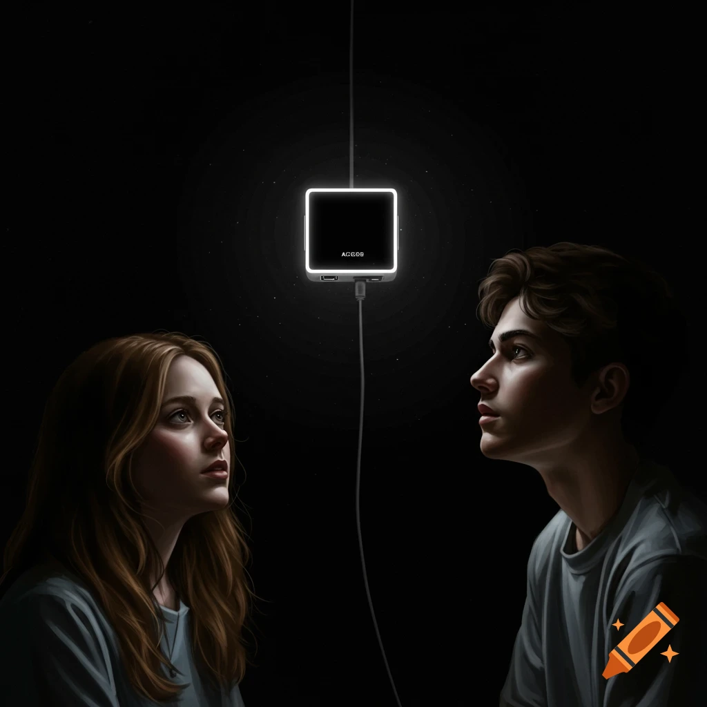 Two people look up at a glowing square device hanging in a dark room.