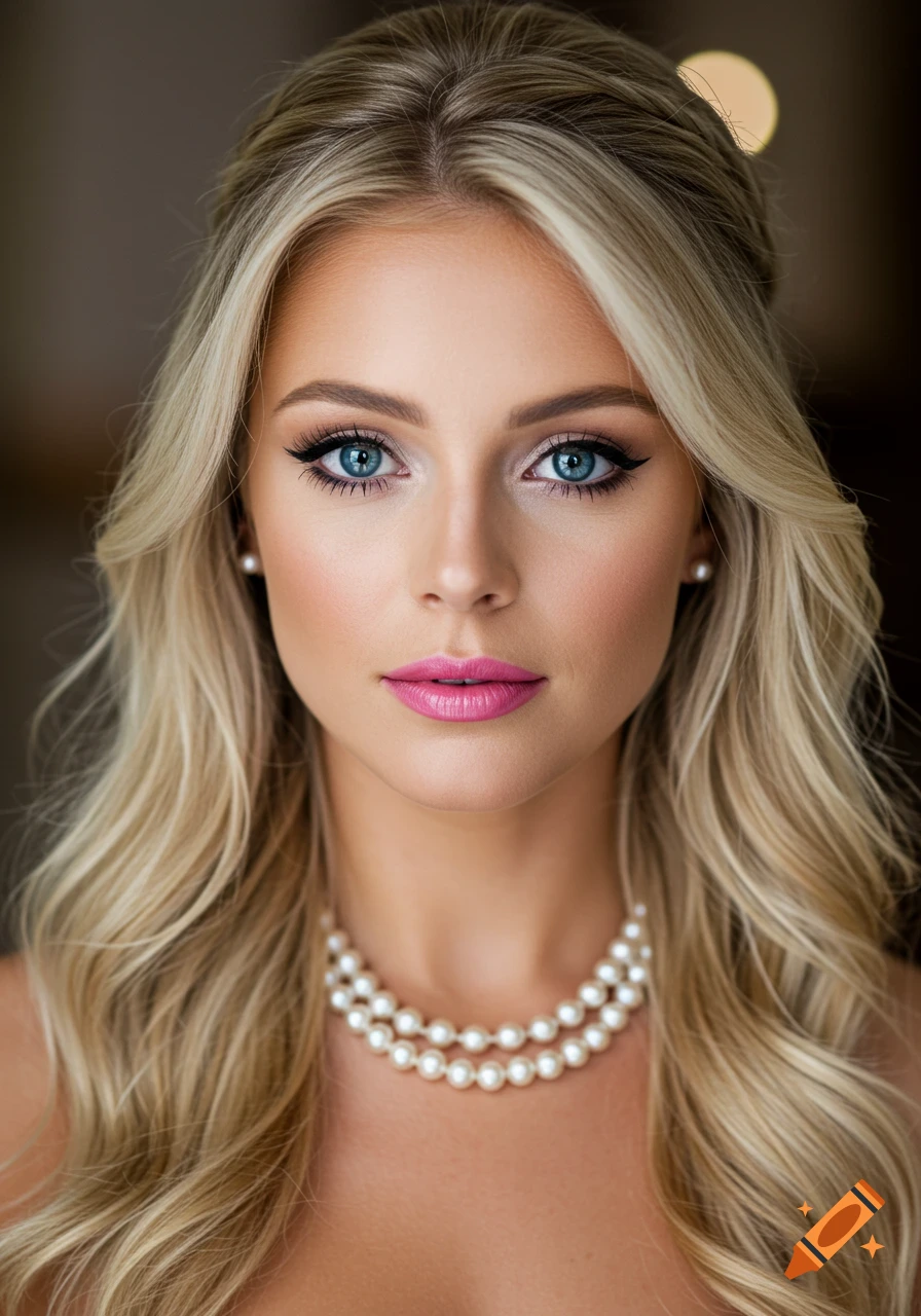 Close-up photorealistic portrait of a woman with blonde hair, blue eyes, and a pearl necklace.