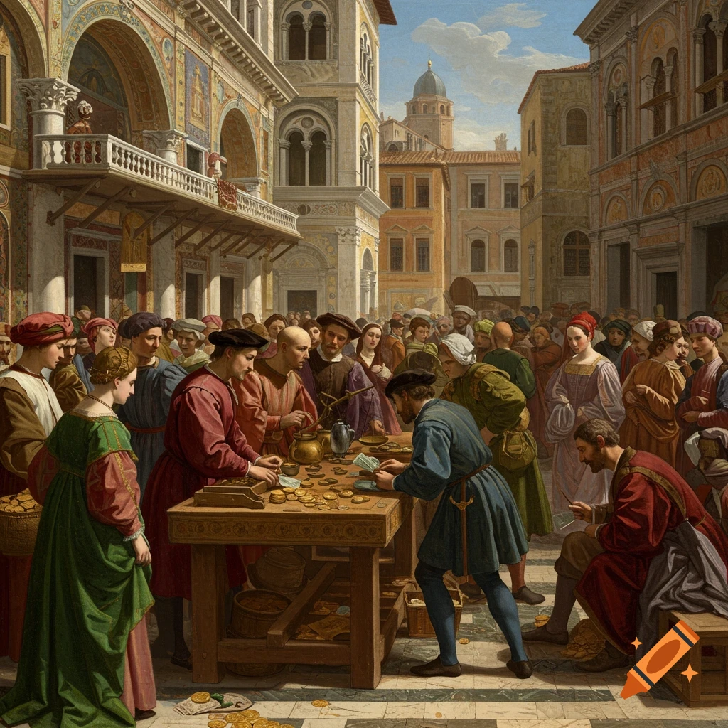 A Renaissance market scene with people counting gold coins at a table, in a painting style.