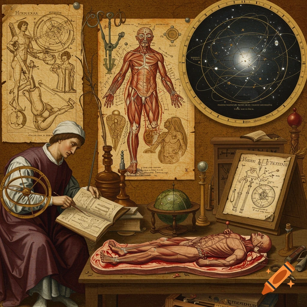 A person studying anatomical diagrams and a dissected body in a Renaissance-era laboratory, surrounded by scientific instruments.