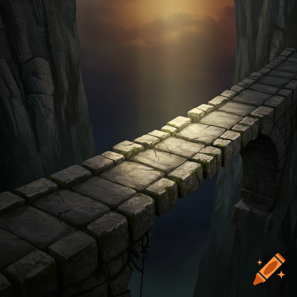 A narrow stone bridge spans a dark chasm under a dramatic sky.