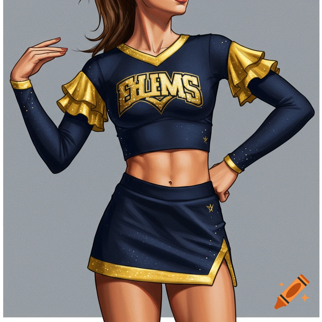 A woman wears a navy blue and gold cheerleading uniform with text on the top.