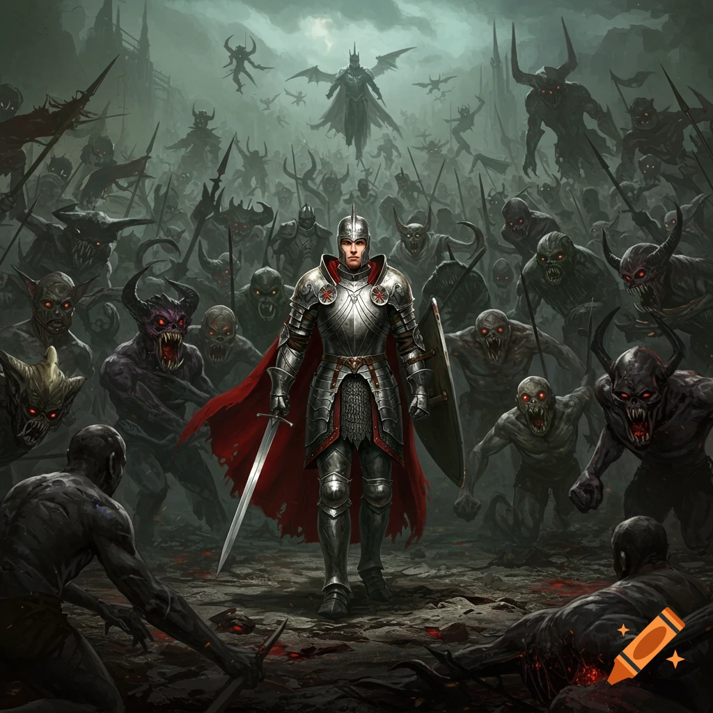 A knight stands ready to battle a horde of monsters in a dark fantasy scene.