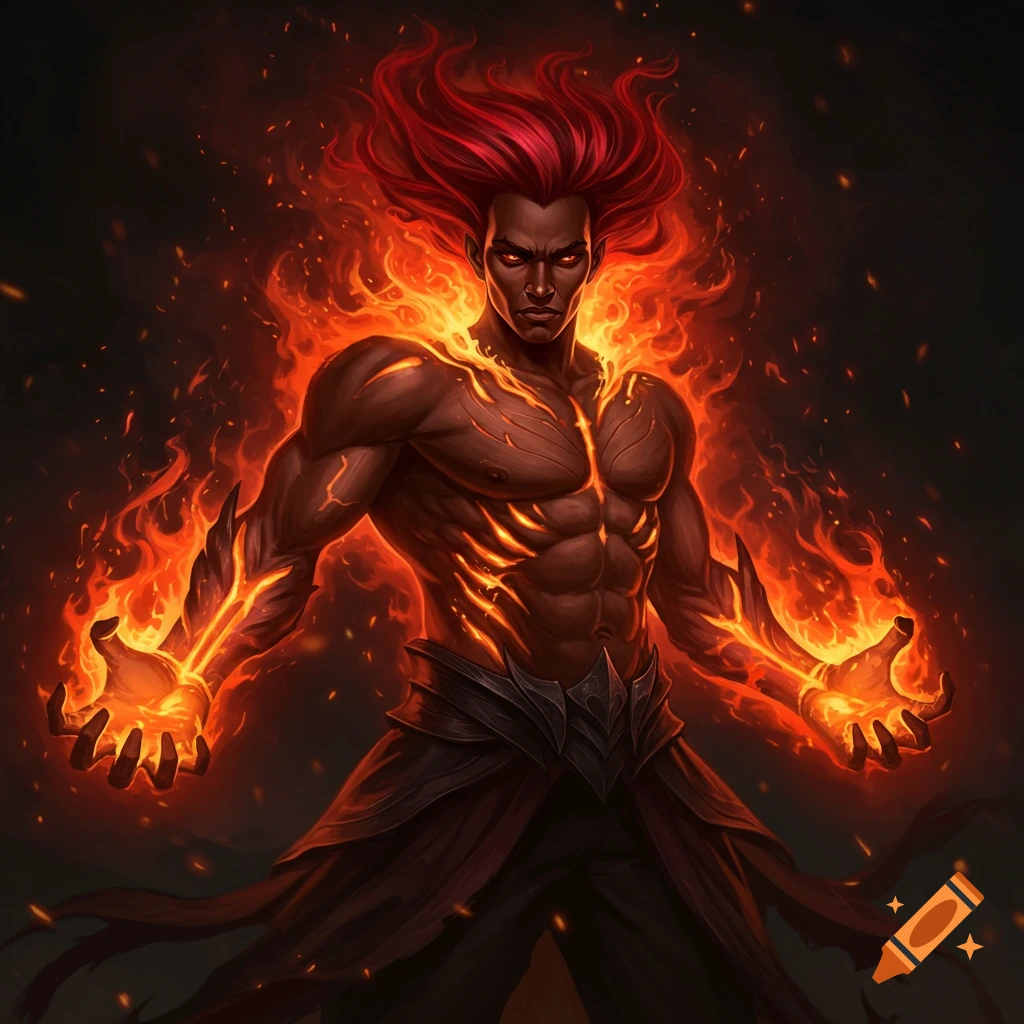 Image of a dark-skinned male character with red hair and fire powers.