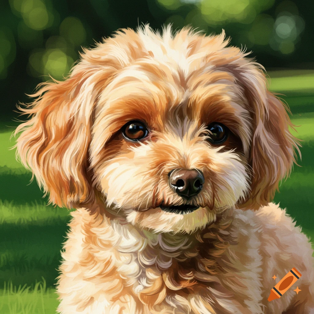 Close-up illustration of a fluffy apricot and white dog sitting in grass.