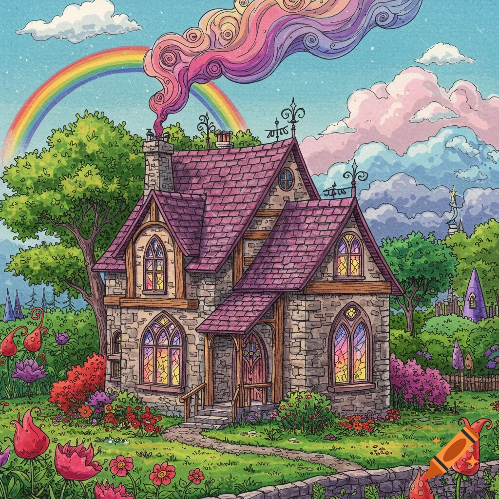 Illustration of a magical house with a rainbow and colorful smoke rising from the chimney, surrounded by a vibrant garden.