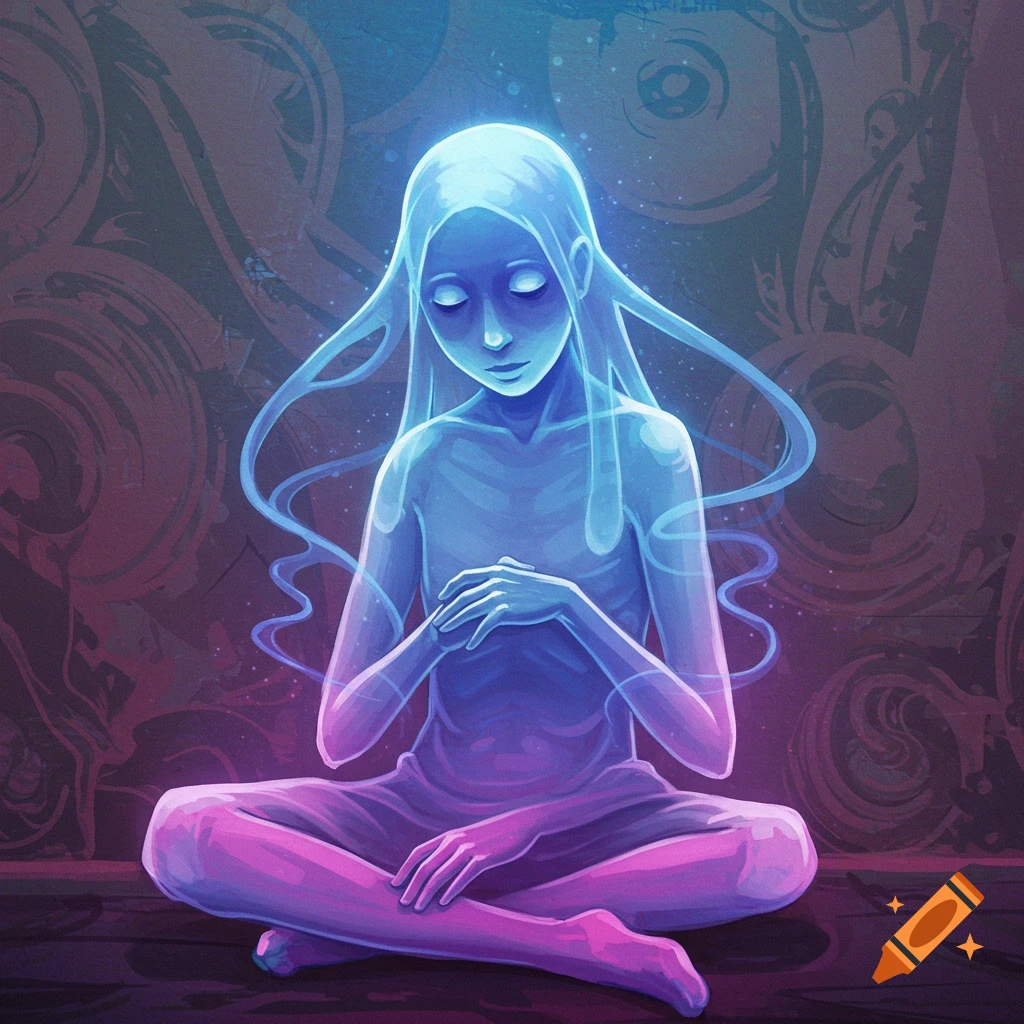 A glowing blue and purple ghost sits cross-legged in meditation.