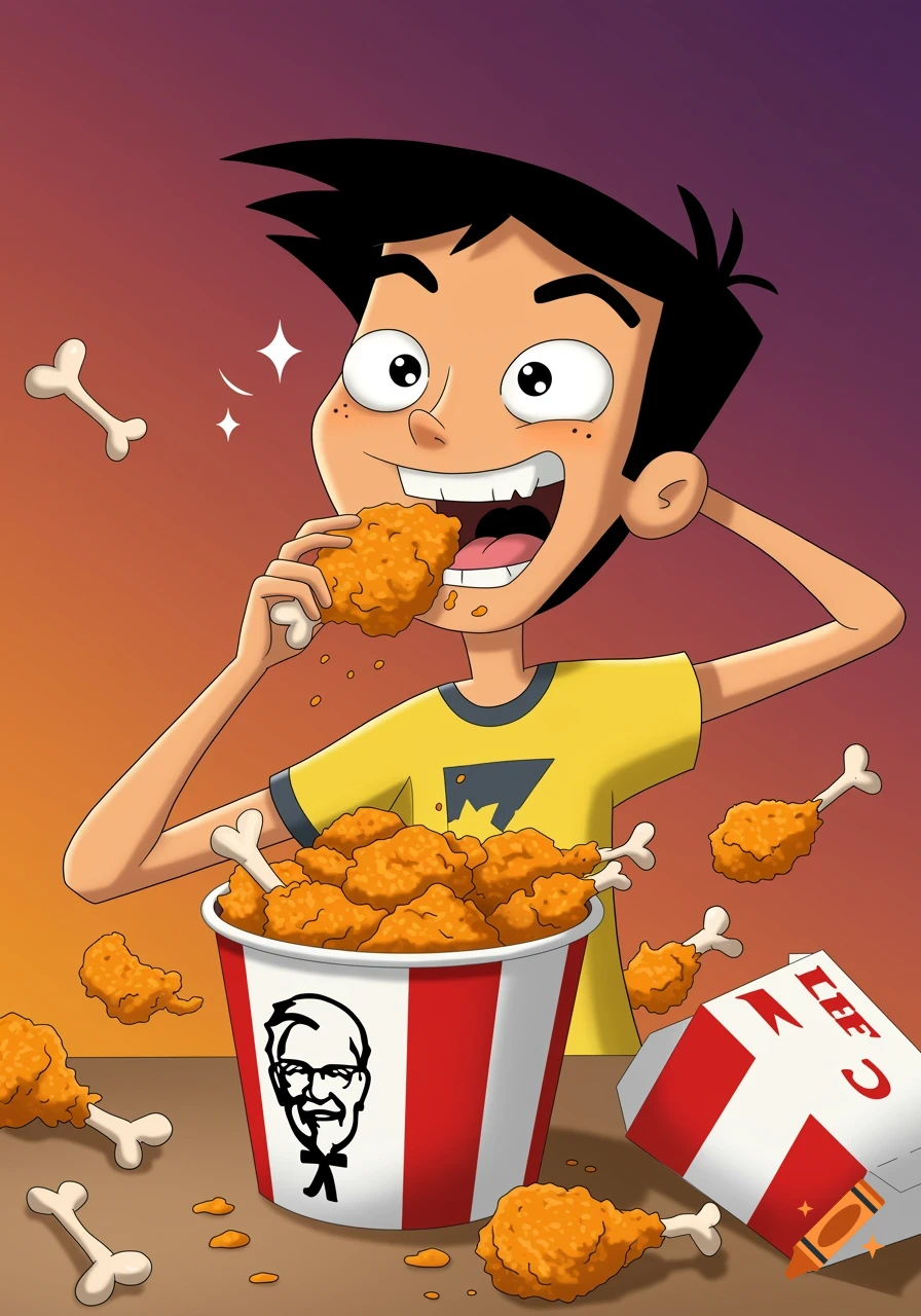 Cartoon illustration of a boy happily eating fried chicken from a KFC bucket.