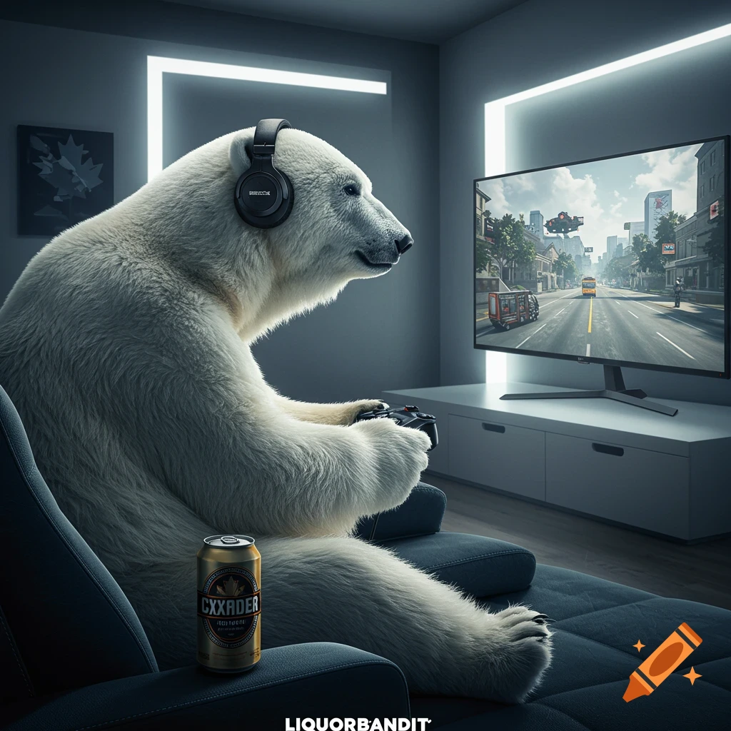 A polar bear wearing headphones sits on a couch, playing video games on a large screen while a beer can rests beside him.