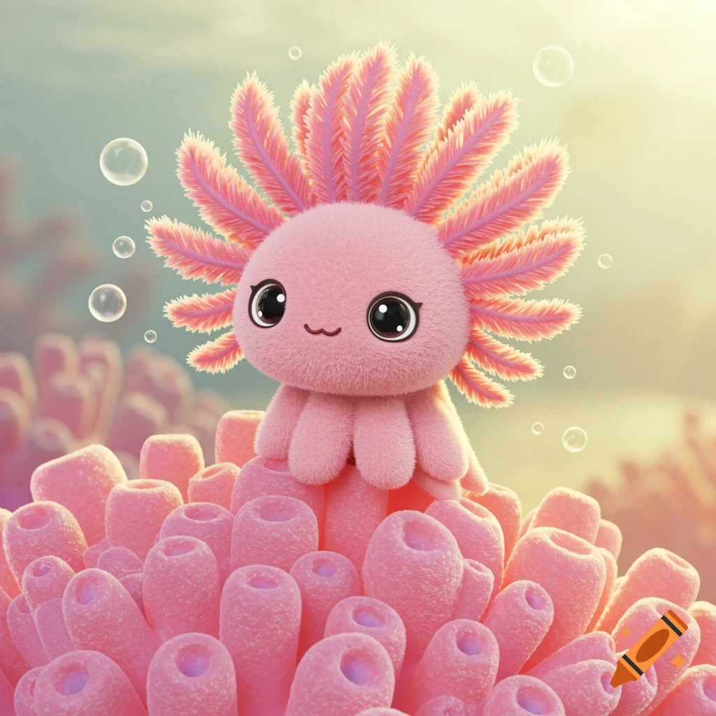 Cute pink cartoon axolotl sitting on pink coral in water with bubbles