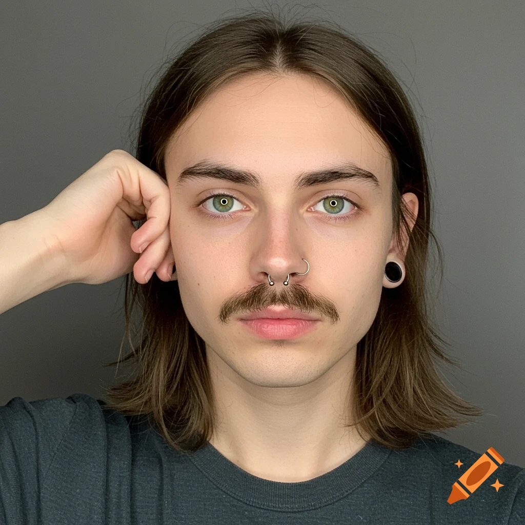 A person with long brown hair, a mustache, nose piercings, and green eyes looks forward.