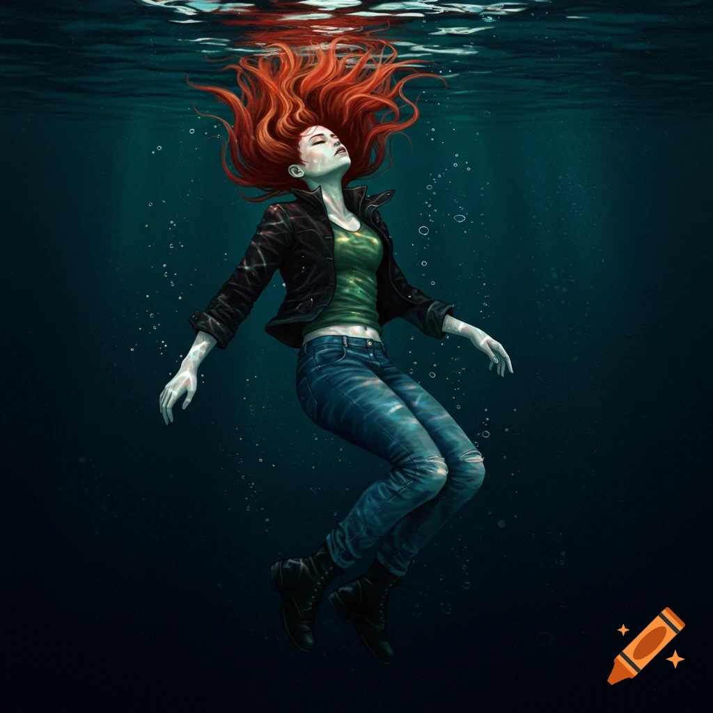 A woman with long red hair floats face up in dark water.